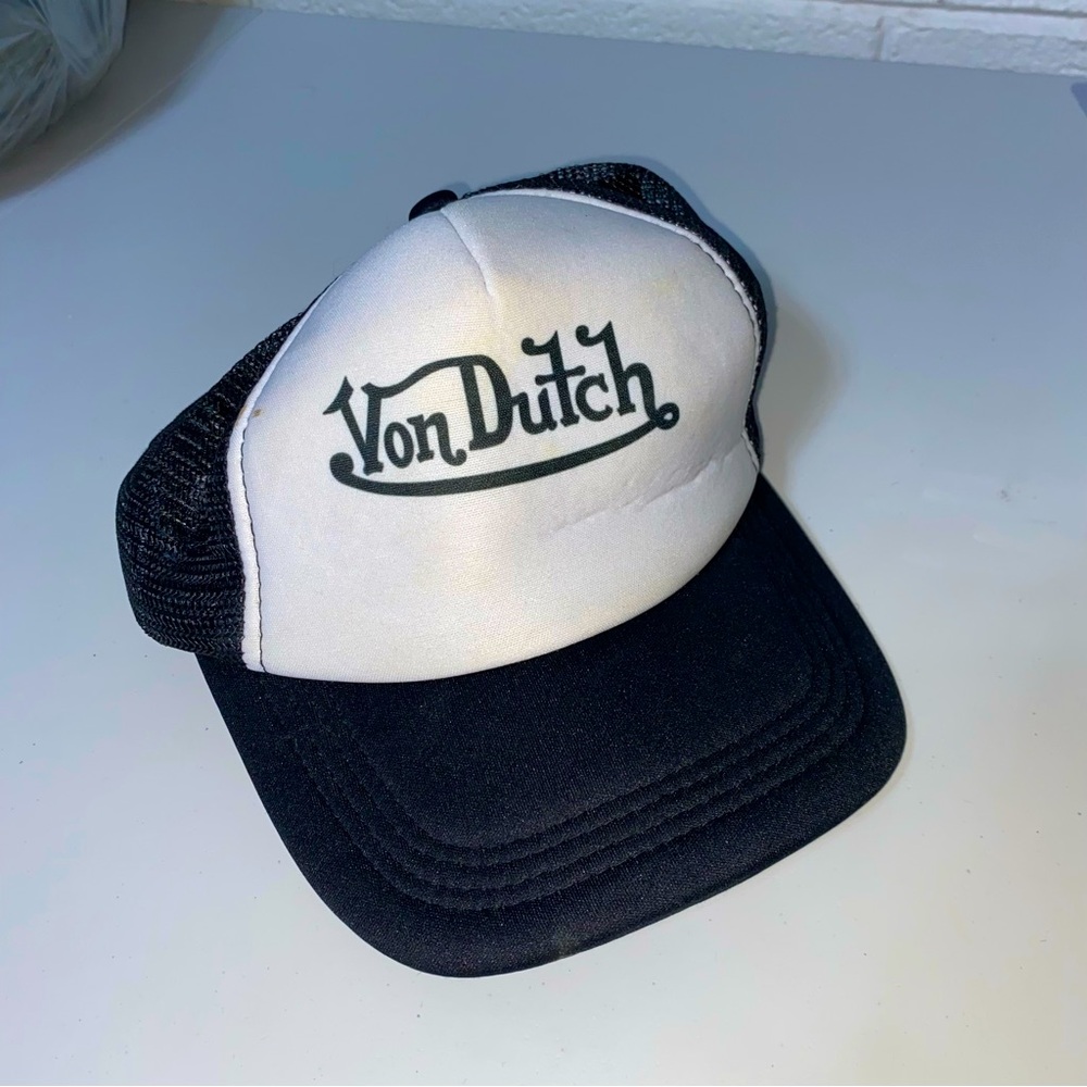 Von Dutch Baseball Cap Black & White Mesh Back Hat Foam Knit OS Imperfect